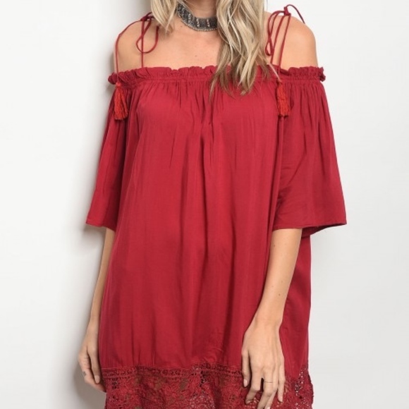 Red Wine Tassel Off Shoulder Dress - Picture 2 of 6